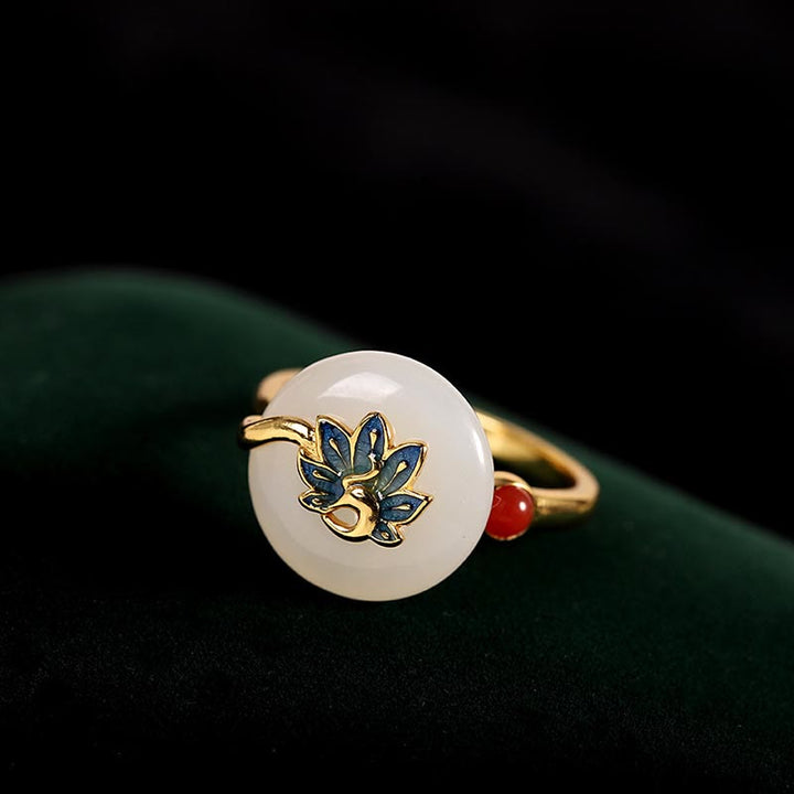 Juego de pendientes, anillo y colgante de plata de ley 925 con Buddha Stones, Jade blanco Natural Hetian, pavo real, bendición