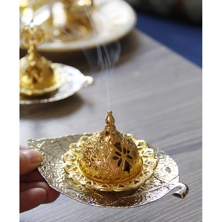 Quemador de incienso de meditación con posavasos de mini hojas de oro tibetano