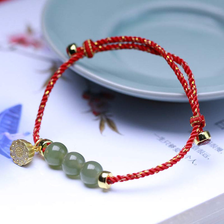 Pulsera de tejido de hilo rojo con Buddha Stones, Jade Natural, semilla de loto, fuerza
