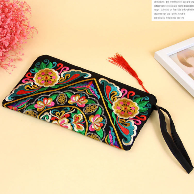 Cartera de compras con bordado de flores de Buddha Stones, dragón, mariposa, cosmos