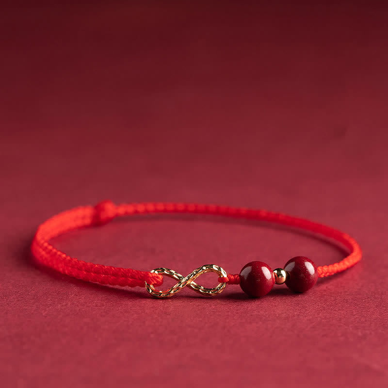Pulsera tobillera con símbolo del infinito de oro de 14 quilates con hilo rojo y bendición de cinabrio con Buddha Stones