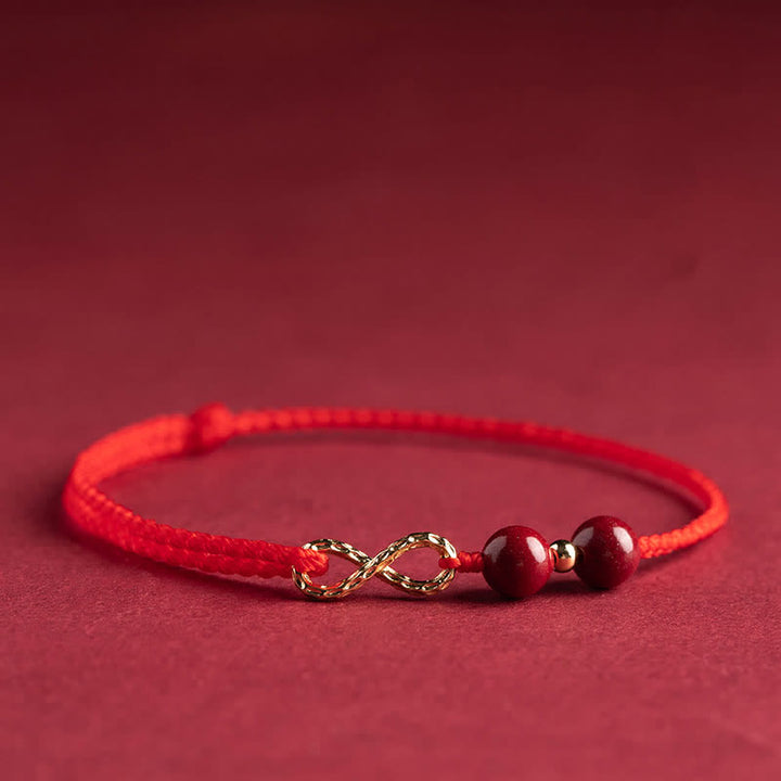 Pulsera tobillera con símbolo del infinito de oro de 14 quilates con hilo rojo y bendición de cinabrio con Buddha Stones