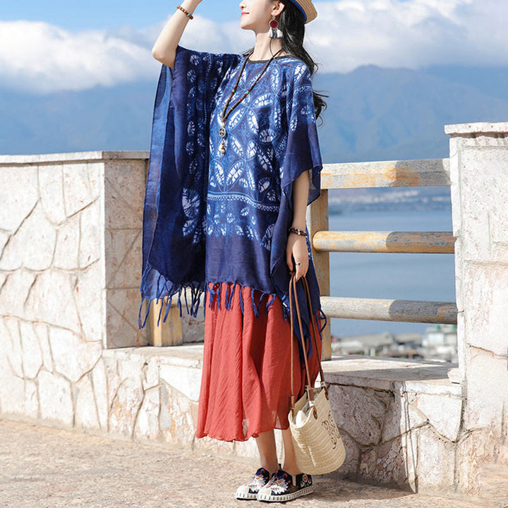Buddha Stones flor azul índigo teñido chal borlas acogedor jersey 90*95 cm