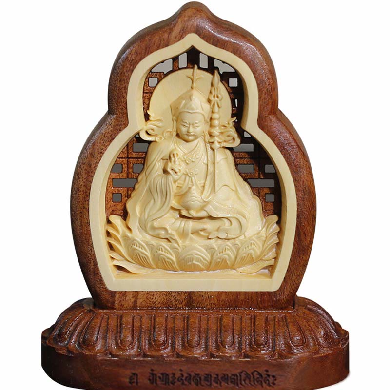Estatua decorativa de madera grabada de Guru Rinpoche Buddha Padmasambhavan Serenity