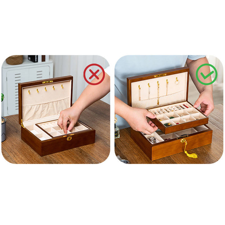 Caja de joyería de madera vintage con Buddha Stones, caja de almacenamiento de joyería de madera maciza de dos capas