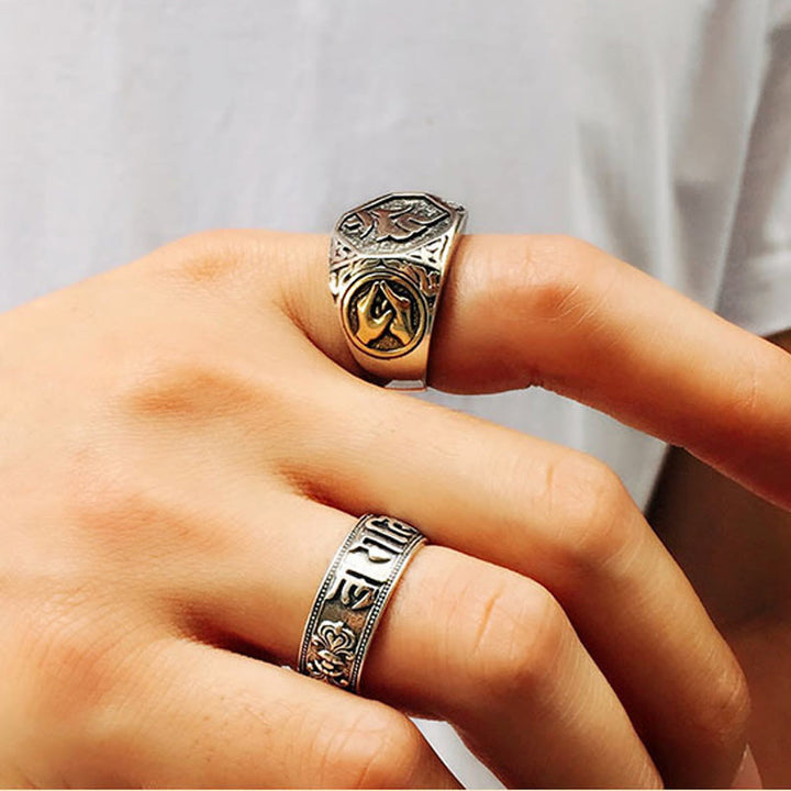 Anillo ajustable de protección tallada con diseño sánscrito de plata de ley 925 con Buddha Stones