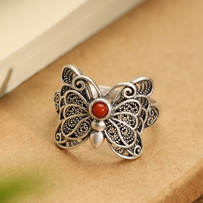 Juego de pendientes de anillo de autoaceptación de mariposa de ágata roja de plata de ley 925 con Buddha Stones