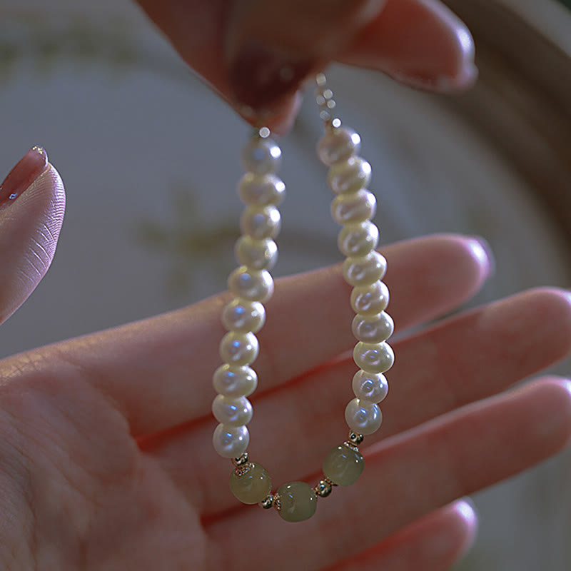 Pulsera de cadena de cuentas de sinceridad de jade blanco de jade cian hetiano de perlas naturales chapadas en oro de 14 quilates