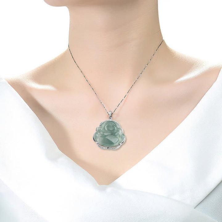 Colgante de cadena de collar de la suerte de jade natural de Buda sonriente de plata de ley 925 con Buddha Stones - image 3