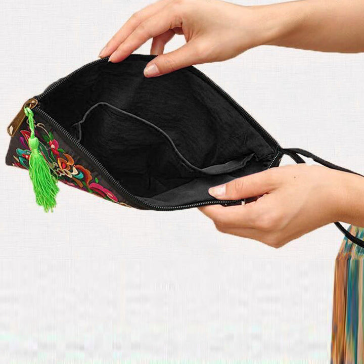 Cartera de compras con bordado de flores de Buddha Stones, dragón, mariposa, cosmos
