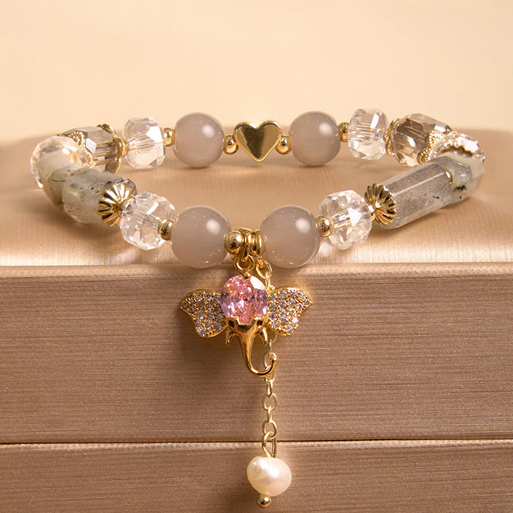Pulsera con dije de elefante positivo, Buddha Stones , amatista, aventurina verde, cuarzo fresa