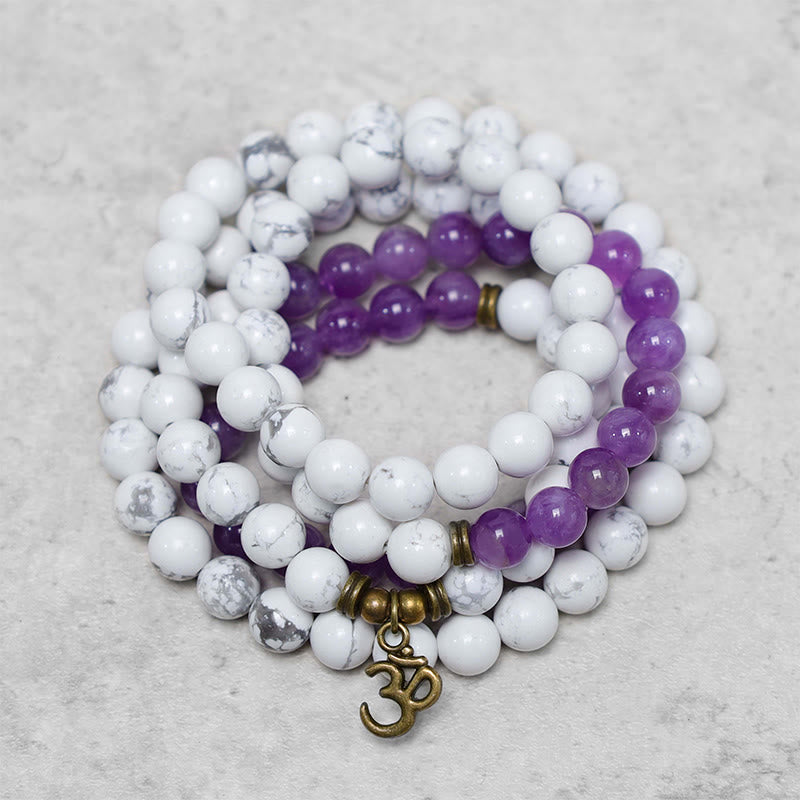 108 cuentas Mala amatista turquesa blanca OM pulsera de energía de meditación curativa - image 0