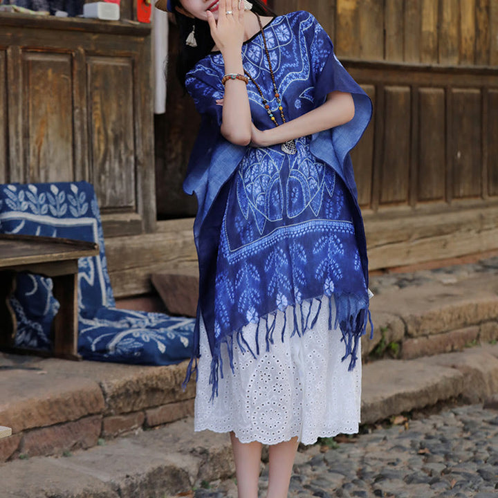 Jersey de viaje suave con borlas y chal de pez Koi teñido anudado azul con Buddha Stones 90*95cm