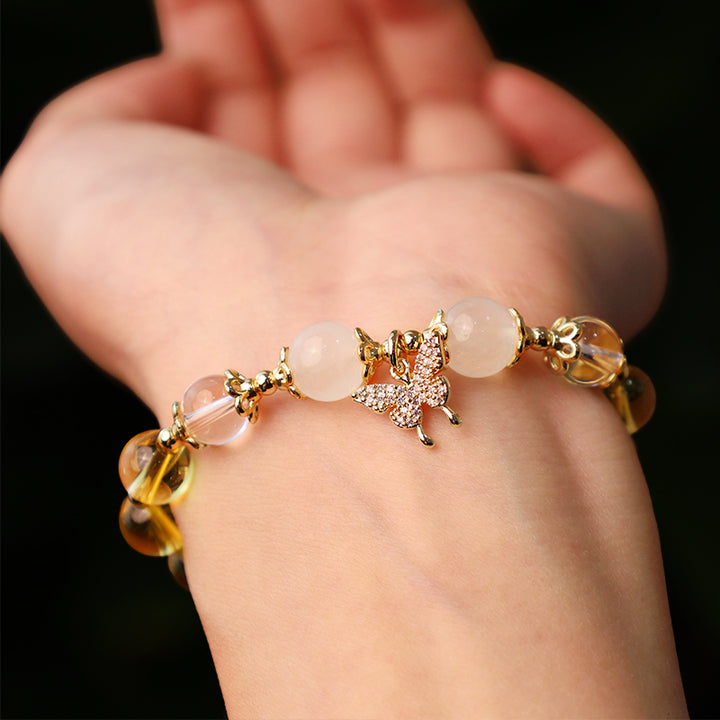 Pulsera de protección de prosperidad con dije de mariposa, piedra lunar, citrino, Buddha Stones