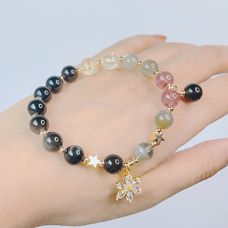 Pulsera de protección de flor de estrella de corazón de amor de obsidiana con brillo de plata natural de Buddha Stones