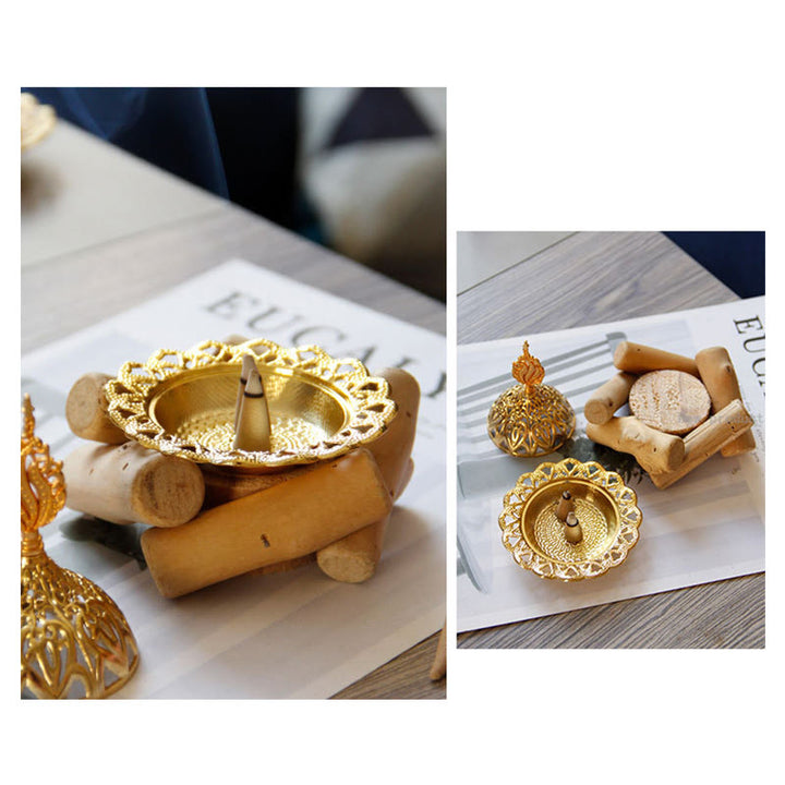 Mini quemador de incienso curativo de aleación de oro con decoración del hogar de posavasos de madera