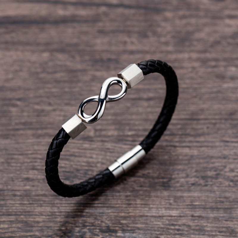 Pulsera de equilibrio de tejido de cuero infinito de acero titanio con nudo sin fin de Buddha Stones