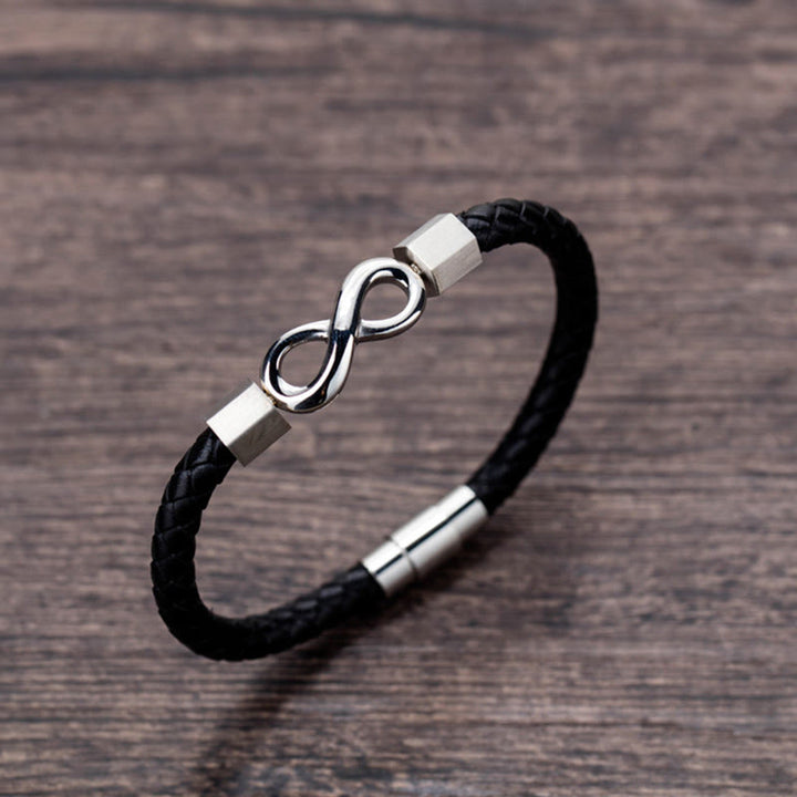 Pulsera de equilibrio de tejido de cuero infinito de acero titanio con nudo sin fin de Buddha Stones