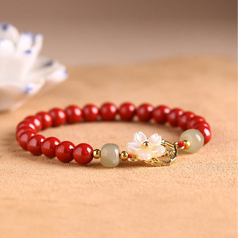 Pulsera de bendición de flores de piedra Tridacna con cuentas de jade cinabrio Natural de Buddha Stones