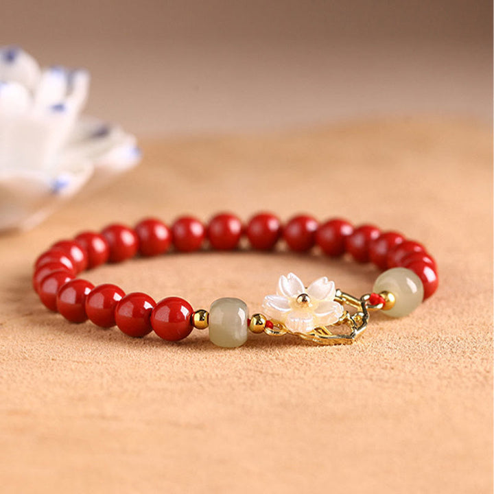Pulsera de bendición de flores de piedra Tridacna con cuentas de jade cinabrio Natural de Buddha Stones