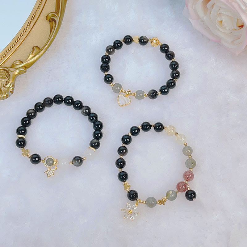 Pulsera de protección de flor de estrella de corazón de amor de obsidiana con brillo de plata natural de Buddha Stones