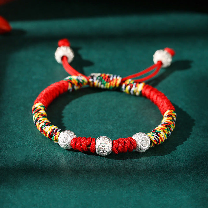 Pulsera para niños trenzada hecha a mano con Buddha Stones , Plata de Ley 925, nudo King Kong, hilo rojo multicolor