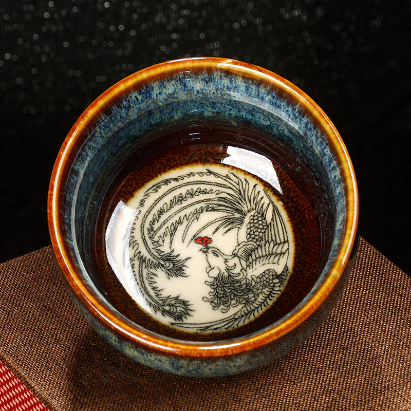 Buddha Stones, loto, dragón, Fénix, pez Koi, taza de té de cerámica china Jianzhan, taza de té de Kung Fu, 110ml