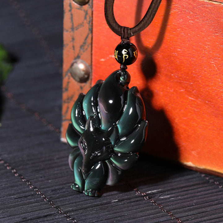Buddha Stones, obsidiana arcoíris Natural, brillo dorado, obsidiana, zorro de nueve colas, colgante positivo