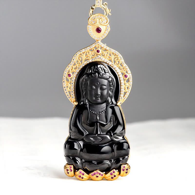 Buddha Stones, Plata de Ley 925, Jade negro Natural, Kwan Yin, Avalokitesvara, colgante de collar de riqueza - Jade Negro (Protección ♥Calma) - image 1