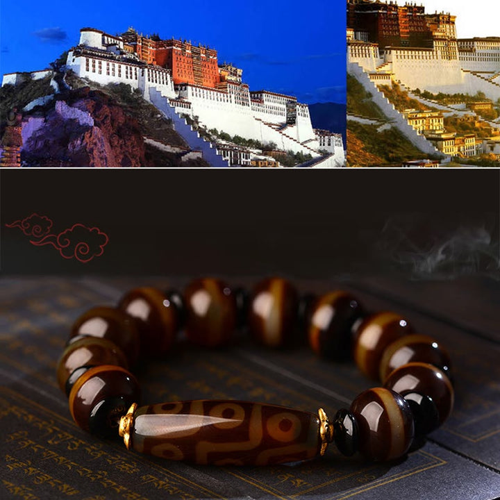 Pulsera de bendiciones de riqueza de ágata con cuentas Dzi de nueve ojos naturales tibetanas de Buddha Stones
