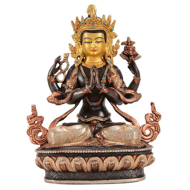 Decoración de estatua de cobre de protección Avalokitesvara de cuatro brazos Bodhisattva Chenrezig