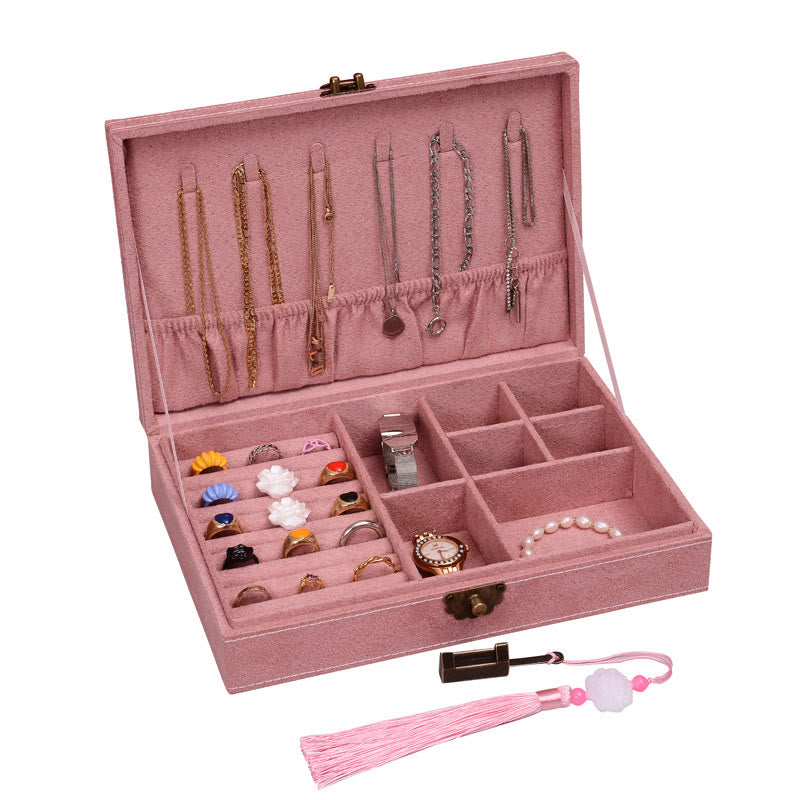 Caja organizadora de joyería de diseño Simple con Buddha Stones, caja de almacenamiento de joyería de franela de una sola capa con cerradura - Rosa 28 cm x 19 cm x 6,5 cm - image 28