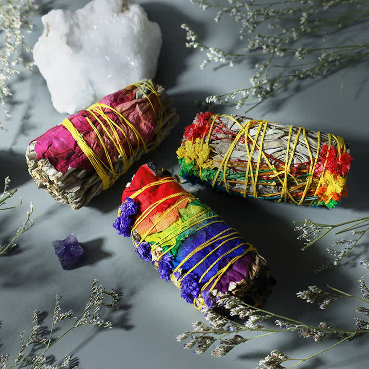 Palo para difuminar con flores de rosas rojas y margaritas de colores, juego de rituales para limpieza del hogar, incienso curativo, meditación