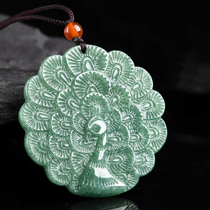 Colgante de collar de prosperidad de suerte de pavo real de jade natural