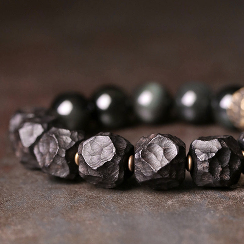 Pulsera de pareja de fuerza de cobre de madera de ébano de obsidiana negra con Buddha Stones