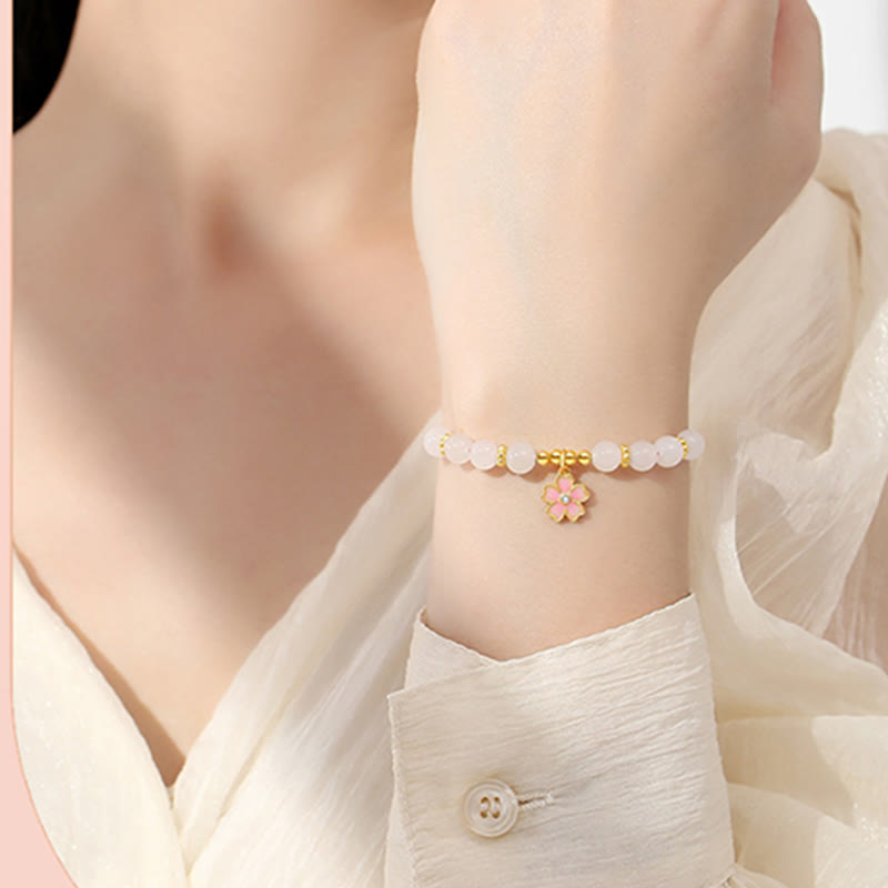Pulsera de protección de flor de cerezo de jade blanco hetiano de plata de ley 925 con Buddha Stones