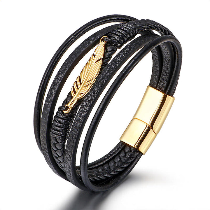 Pulsera con hebilla magnética trenzada de acero titanio y cuero multicapa con diseño de plumas de Buddha Stones