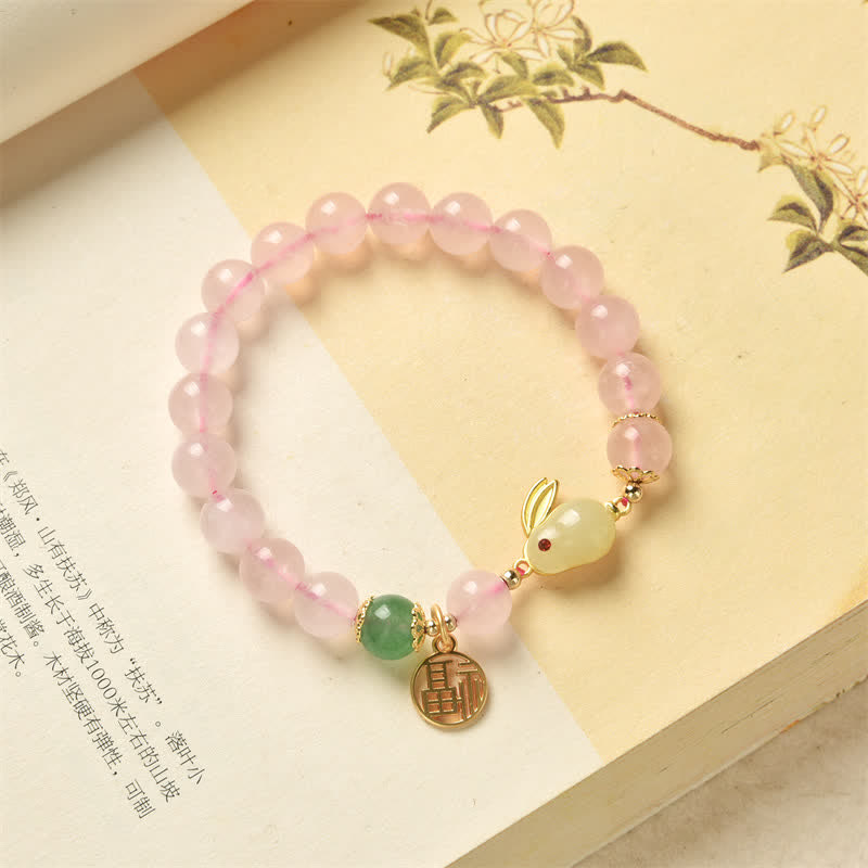 Año del Conejo Pulsera de Felicidad Amor Conejito Ágata Verde Cristal Rosa Natural