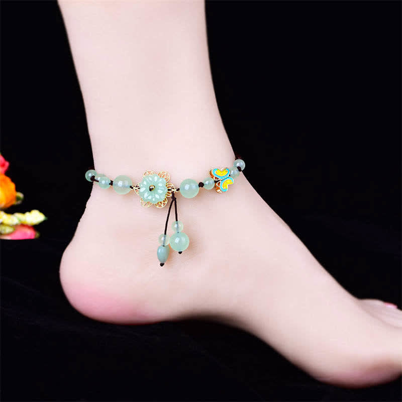 Tobillera con amuleto de abundancia de suerte, mariposa, jade, flores, Buddha Stones
