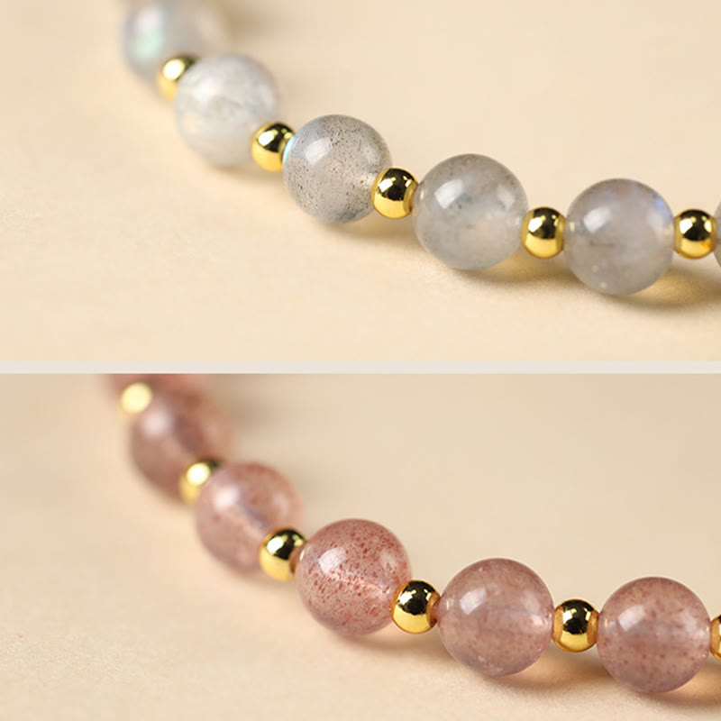 Buddha Stones chapadas en oro de 14 quilates, cuarzo fresa natural, labradorita, piedra solar, personaje Fu, pulsera con dije positivo