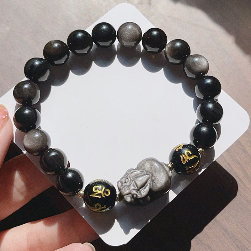 Buddha Stones Plata natural Brillo Obsidiana Obsidiana negra Om Mani Padme Hum Pixiu Pulsera de protección