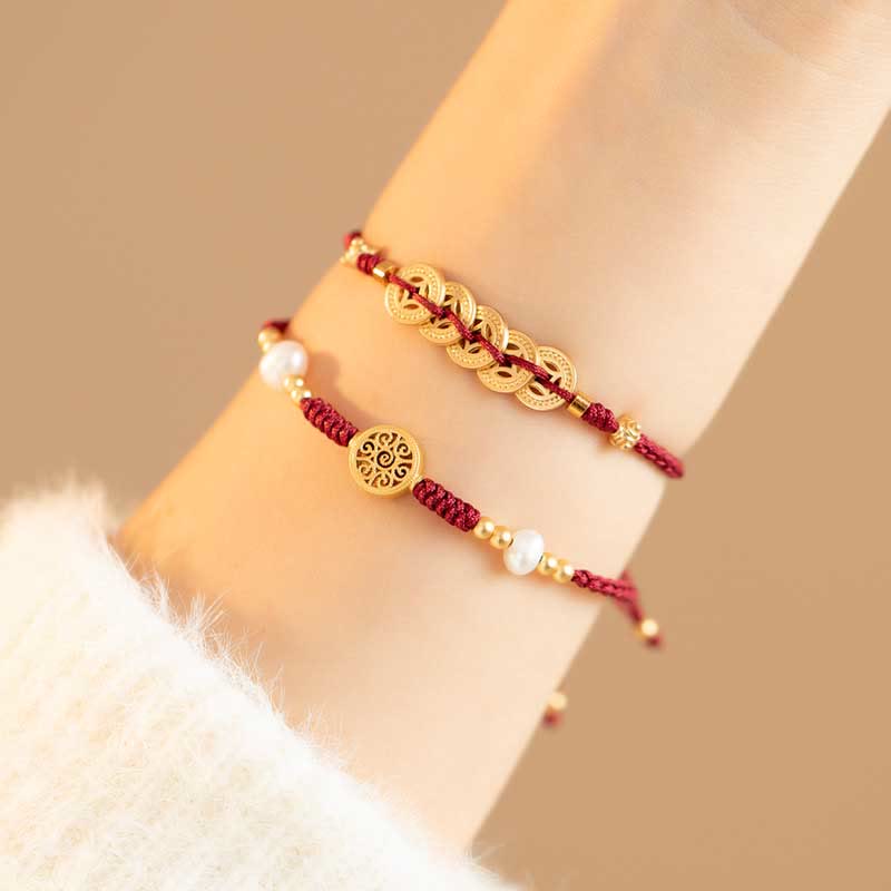 Pulsera trenzada de fuerza de la suerte del árbol de la fortuna de la moneda de cobre de las Buddha Stones