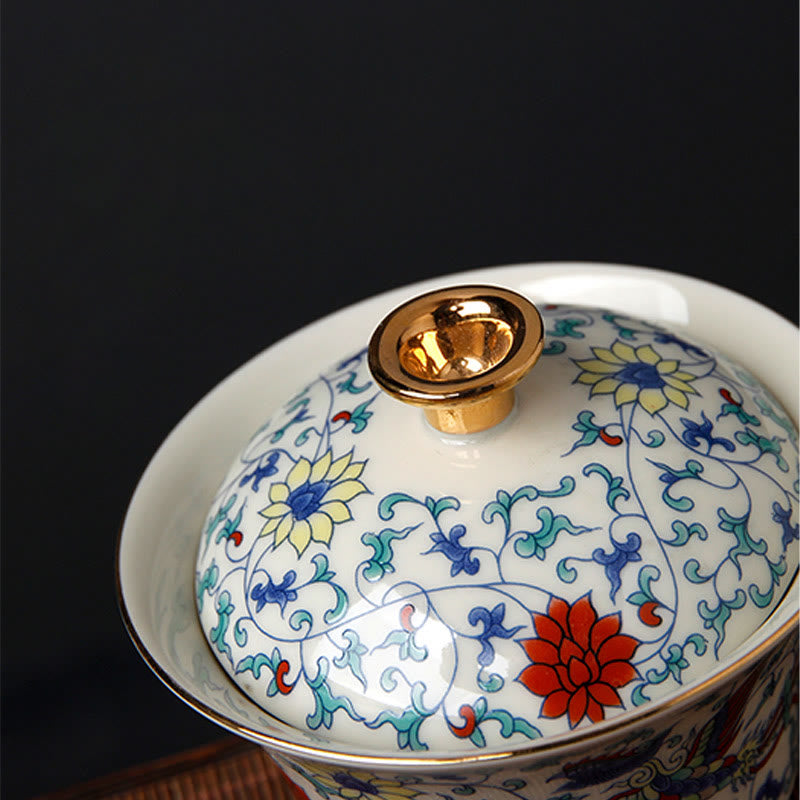 Buddha Stones Retro, flor de ciruelo, pino, bambú, Phoenix Kirin, cerámica Gaiwan Sancai, taza de té de Kung Fu y platillo con tapa