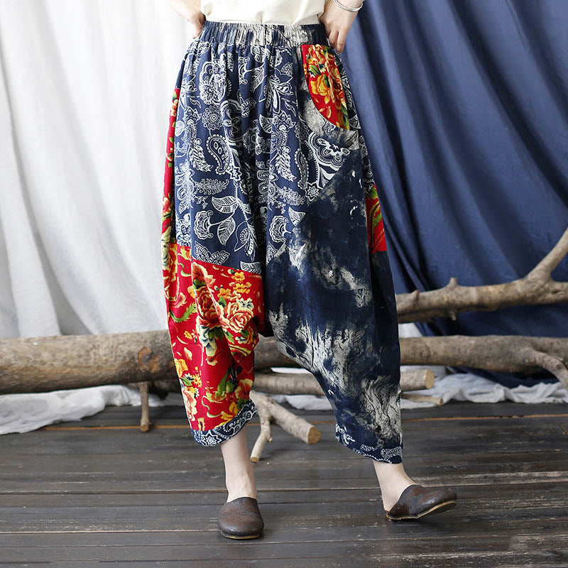 Pantalones bombachos de lino y algodón con retazos de flores de peonía azul y rojo con Buddha Stones y bolsillos