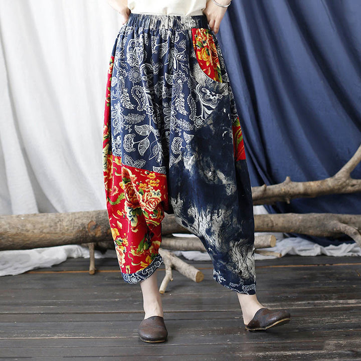 Pantalones bombachos de lino y algodón con retazos de flores de peonía azul y rojo con Buddha Stones y bolsillos