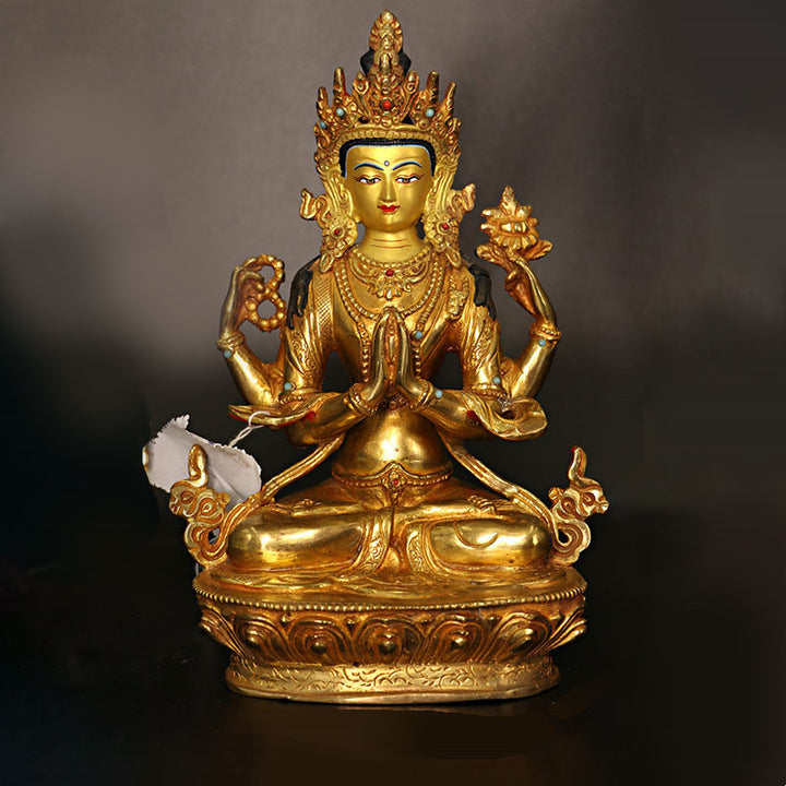 Bodhisattva Tara Chenrezig, protección de Avalokitesvara de cuatro brazos, decoración de estatua chapada en oro y cobre