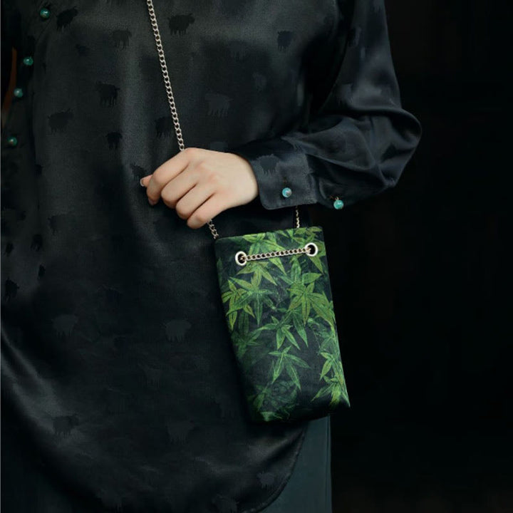 Bolso bandolera con cadena de metal caqui y hoja de arce pequeña con Buddha Stones , bolso de hombro, bolso para teléfono móvil