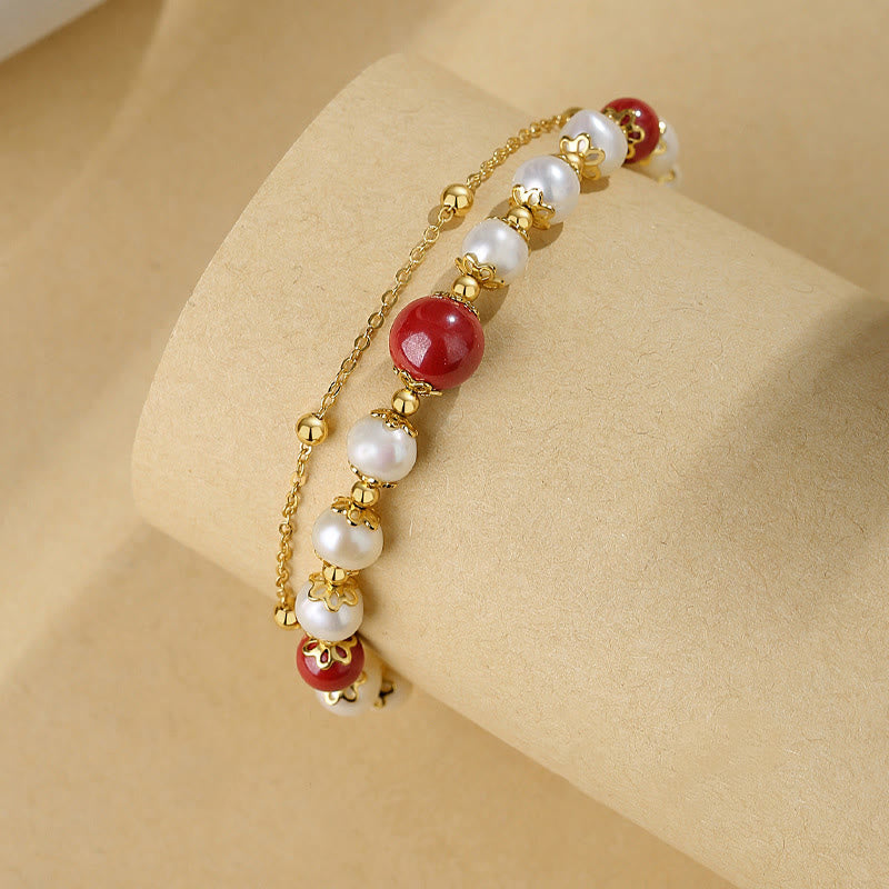 Pulsera de cadena de doble capa con cuentas de sabiduría de cinabrio y perlas de plata de ley 925 con Buddha Stones