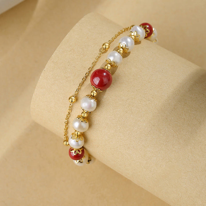 Pulsera de cadena de doble capa con cuentas de sabiduría de cinabrio y perlas de plata de ley 925 con Buddha Stones