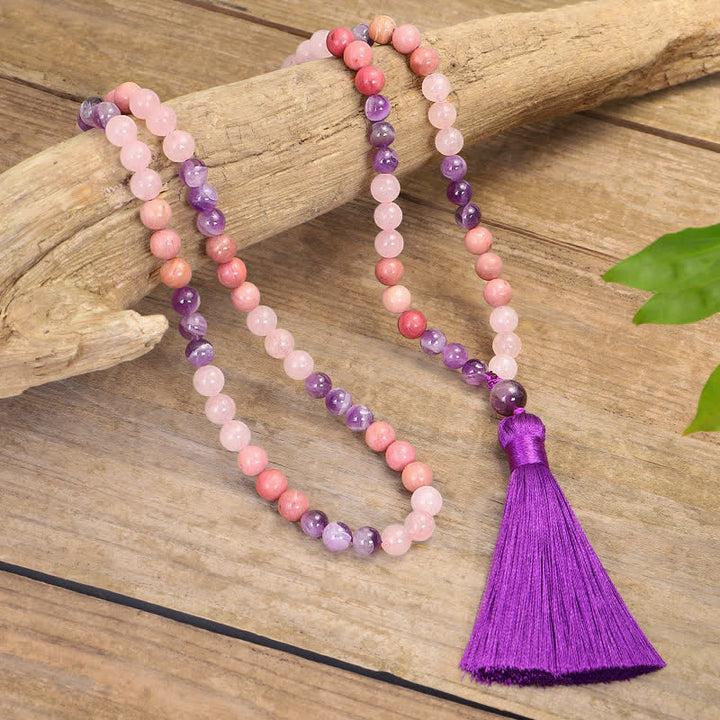 Pulsera de borlas curativas espirituales con Buddha Stones, 108 cuentas Mala, amatista, cuarzo rosa